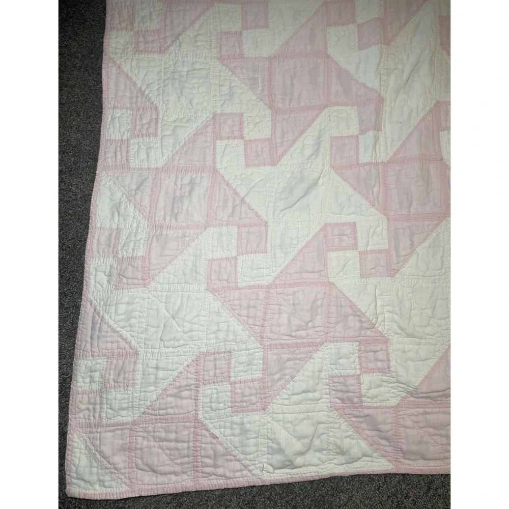 VTG ANTIQUE HANDMADE QUILT 69x69 Drunkard's Path Pink White Cottage 1920's Loved